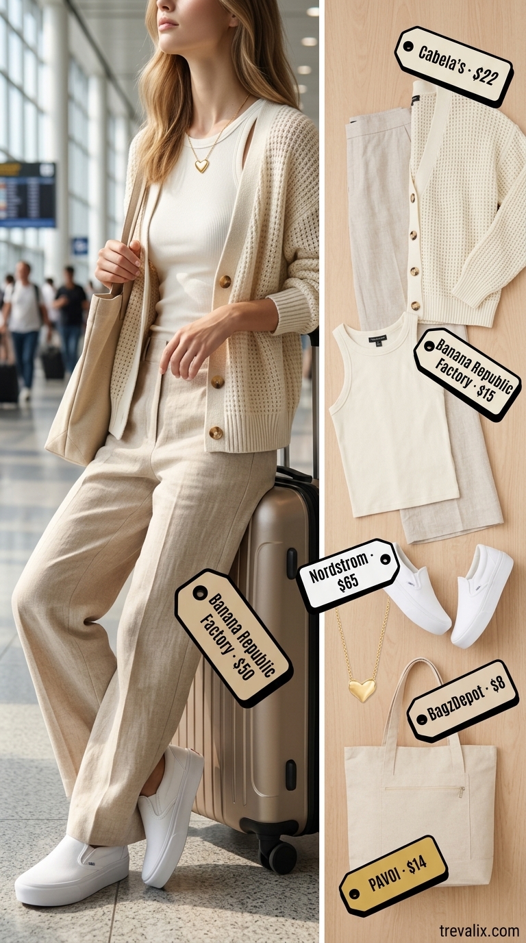 Cute Airport Outfits Summer 2026: Breezy Wide-Leg Pants Cute airport outfit summer for women 2026: beige wide-leg pants, cream knit tank, oversized cardigan.