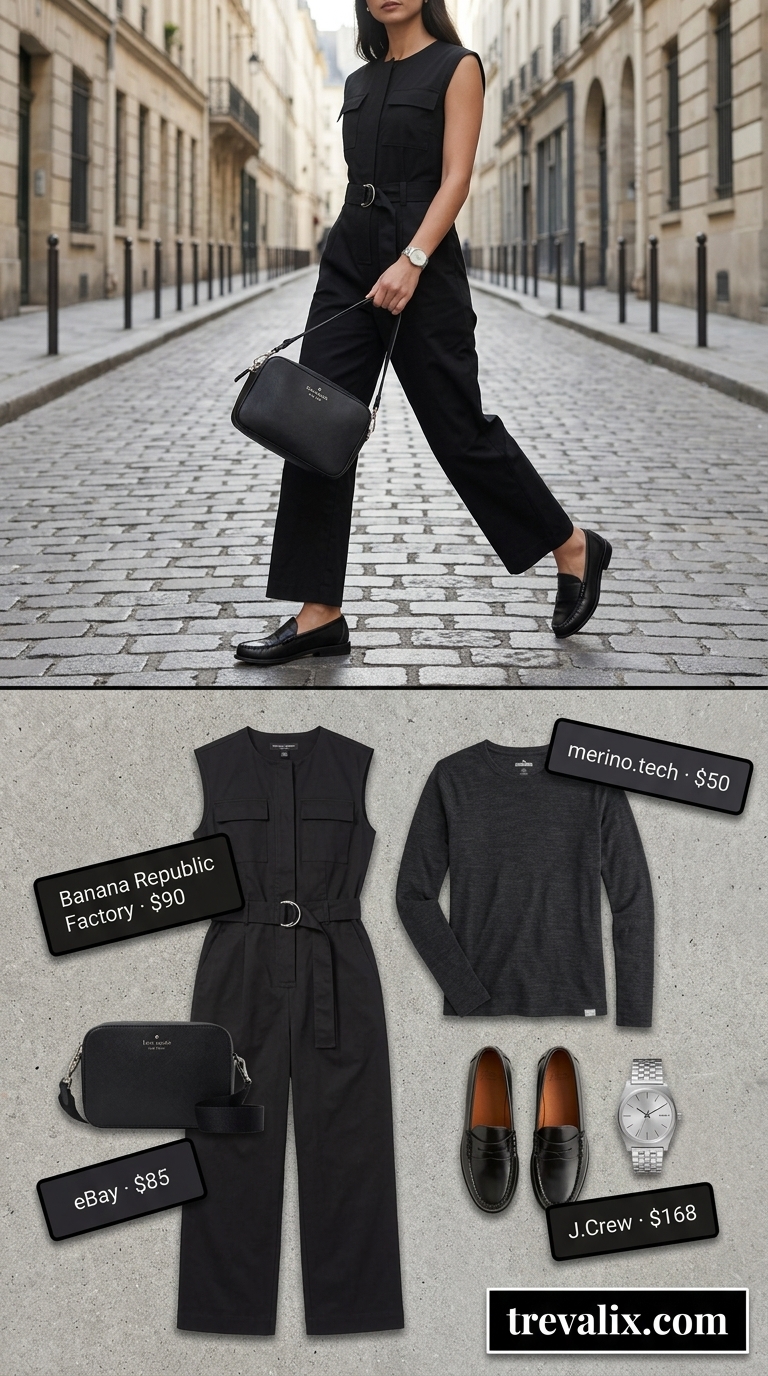 Cute Airport Outfits Summer 2026: Sleek Jumpsuit Cute airport outfit summer for women 2026: black utility jumpsuit, leather loafers, crossbody bag.