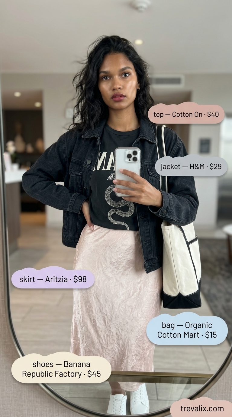 Cute Airport Outfits Summer 2026: Blush & Band Tee Cute airport outfits summer for women 2026: Blush satin skirt, band tee, denim jacket, and sneakers.