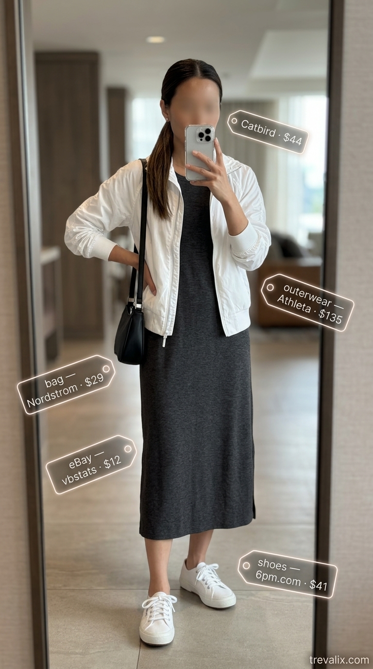 Cute Airport Outfits Summer 2026: Urban Midi Dress Cute airport outfit summer for women 2026: charcoal midi dress, bomber jacket, white sneakers.