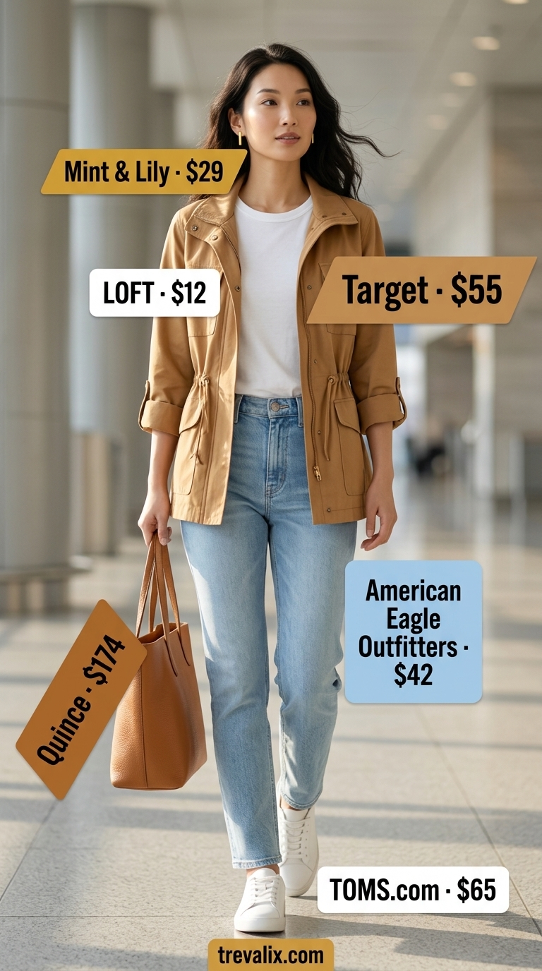 Cute Airport Outfits Summer 2026: Classic Denim Comfort Cute airport outfits summer for women 2026: Denim jeans, white tee, utility jacket, and leather tote.