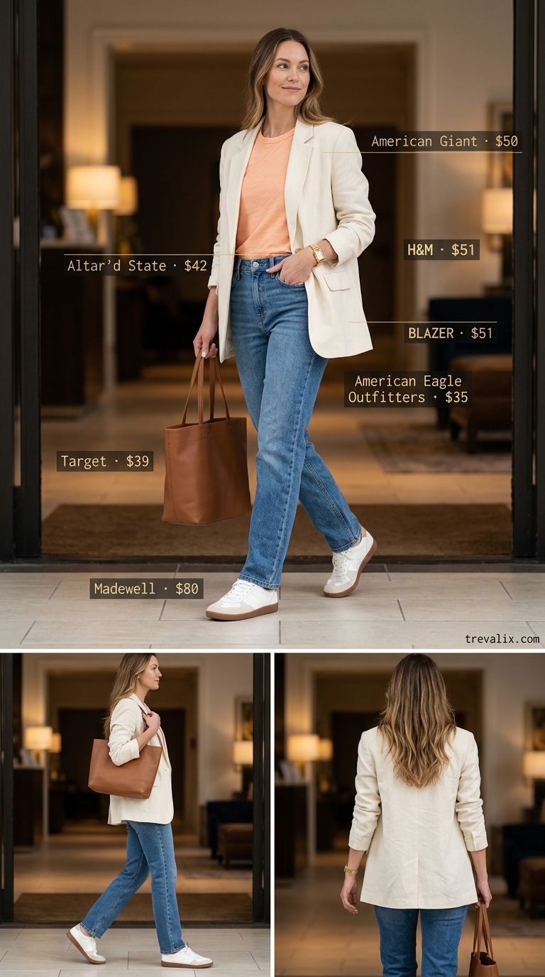 Cute Airport Outfits Summer 2026: Elevated Denim Cute airport outfits summer for women 2026: Denim jeans, peach tee, linen blazer, and white sneakers.