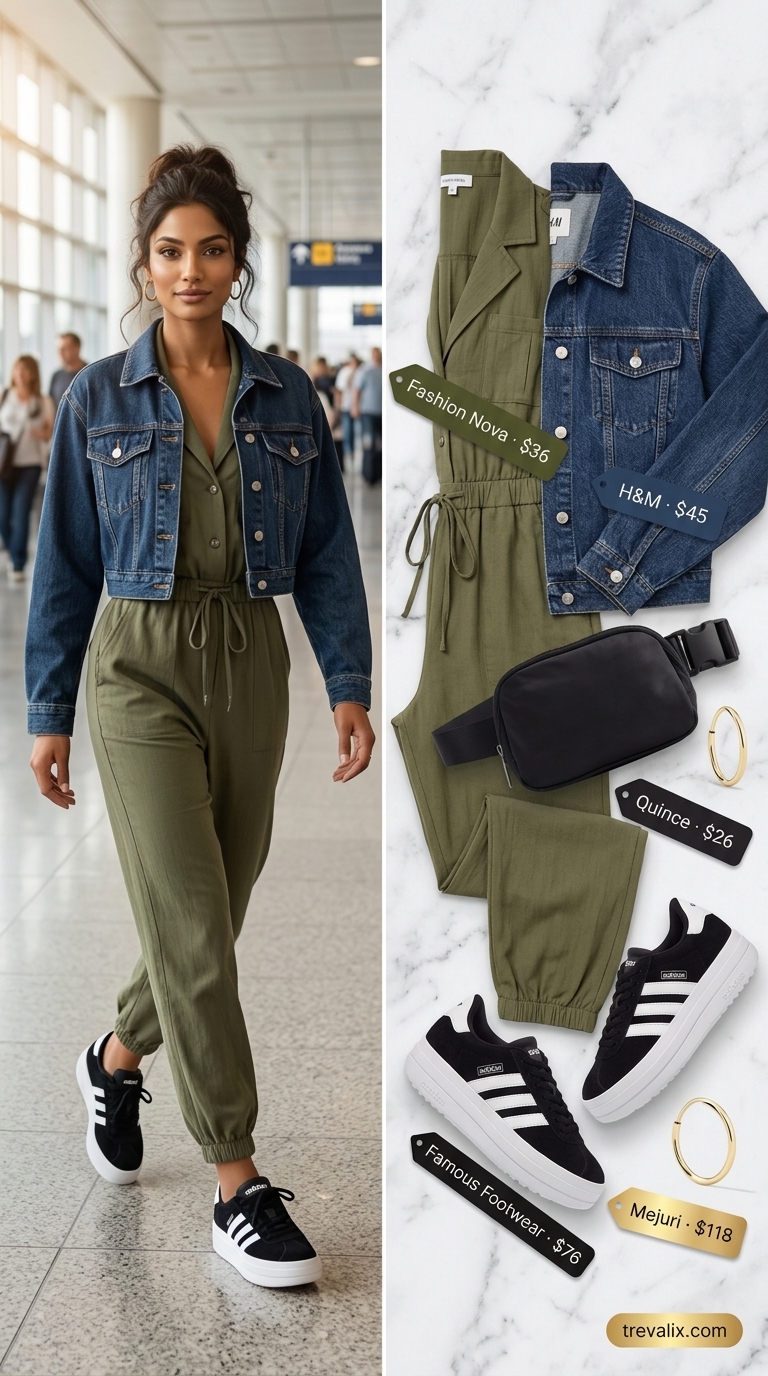 Cute Airport Outfits Summer 2026: Modern Utility Jumpsuit Cute airport outfits summer for women 2026: Olive utility jumpsuit with denim jacket and platform sneakers.