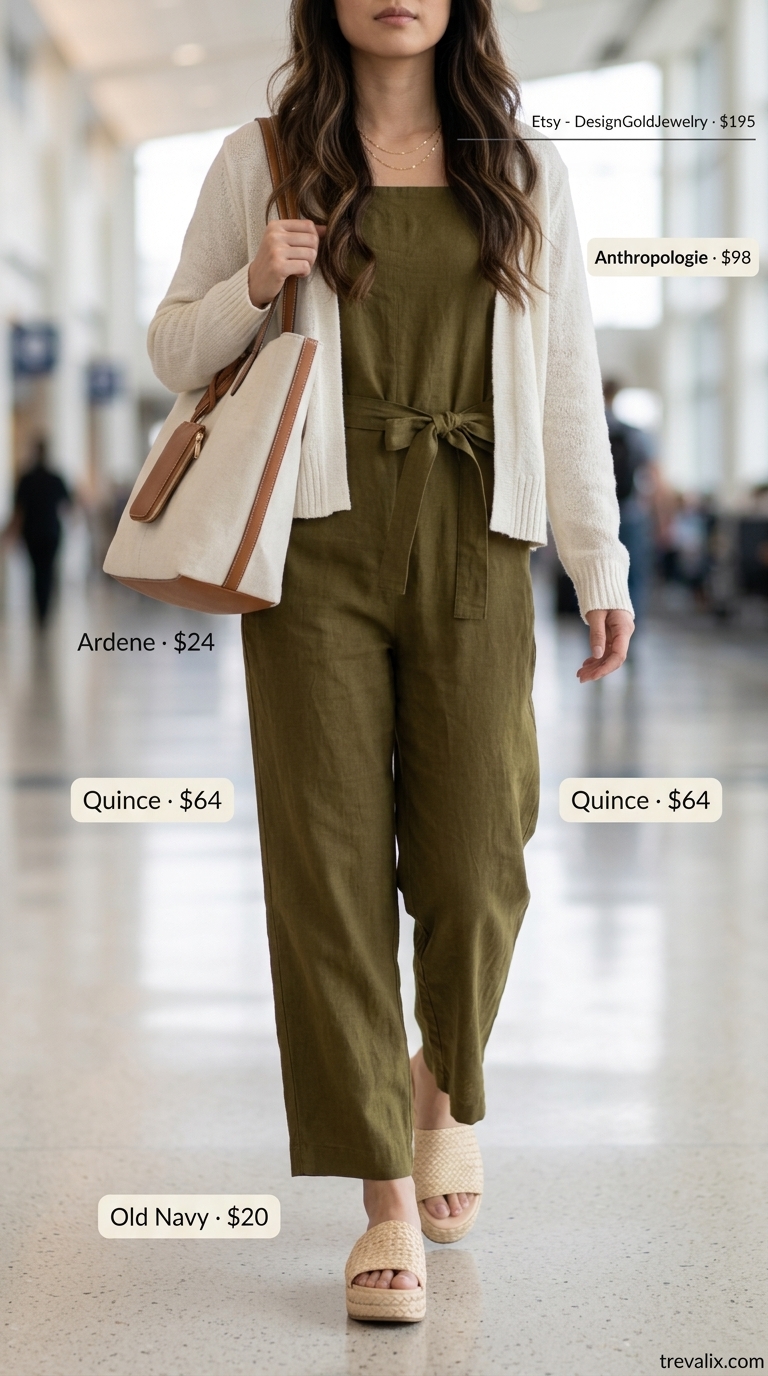 Cute Airport Outfits Summer 2026: Olive Linen Jumpsuit Cute airport outfits summer for women 2026: Olive linen jumpsuit with cream cardigan and espadrilles.