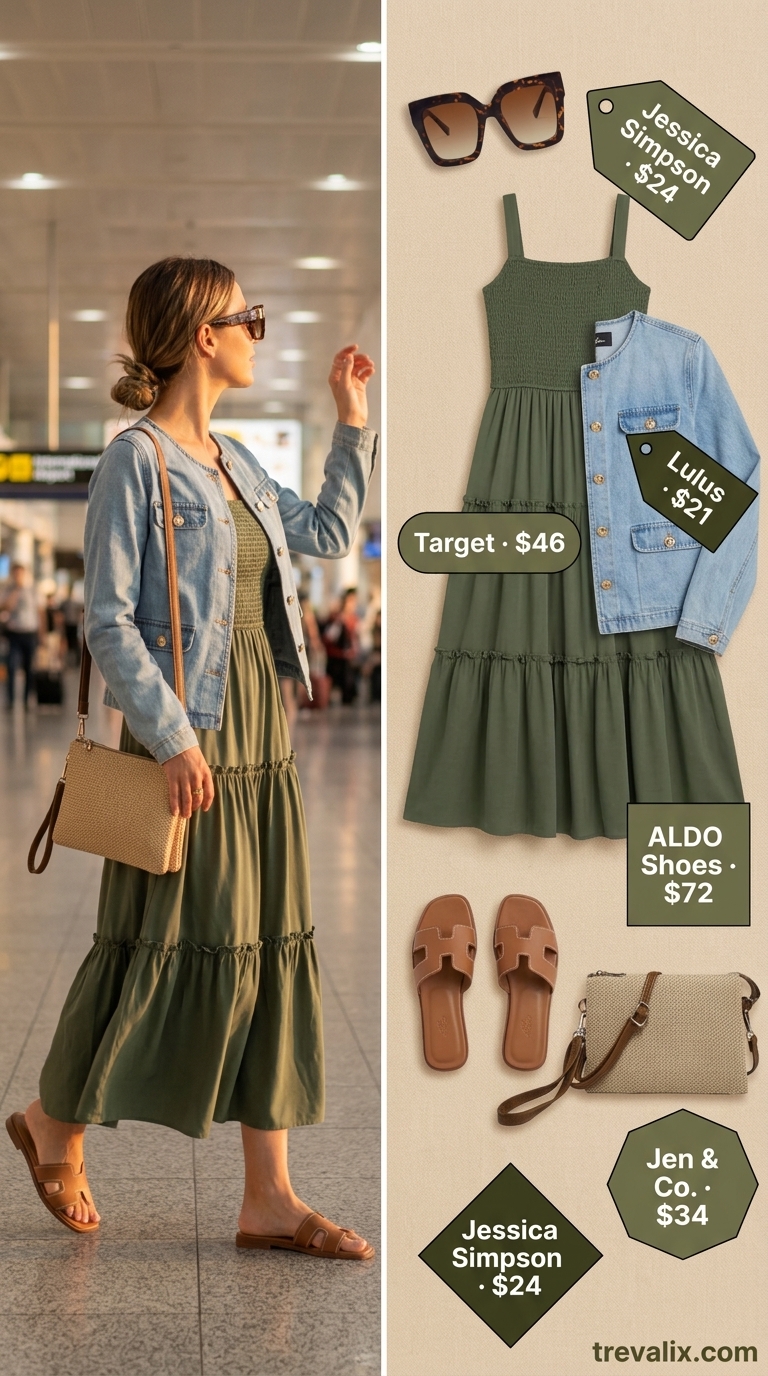 Cute Airport Outfits Summer 2026: Tropical Maxi Dress Cute airport outfit summer for women 2026: olive green maxi dress, denim jacket, straw bag, tan slides.