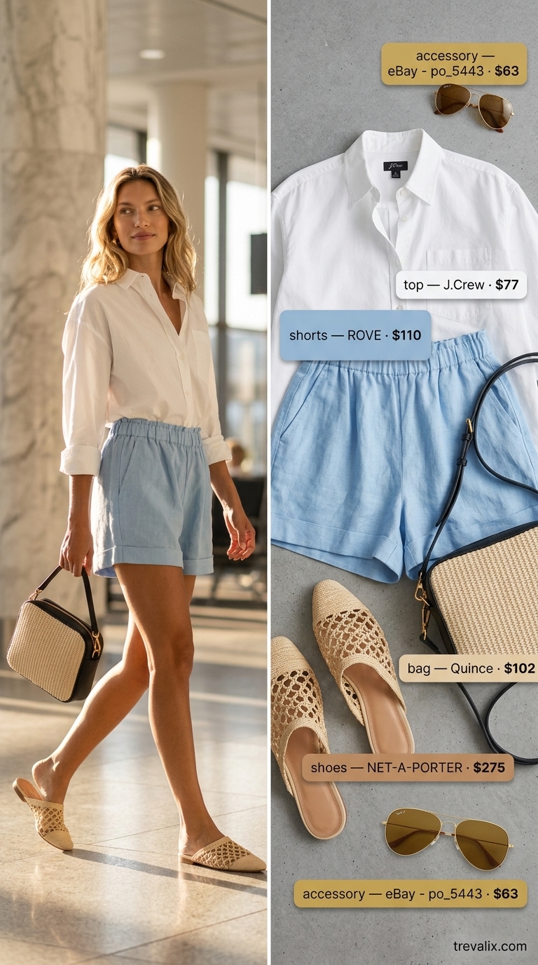 Cute Airport Outfits Summer 2026: Coastal Linen Shorts Cute airport outfit summer for women 2026: sky blue linen shorts, white oversized shirt, raffia mules.