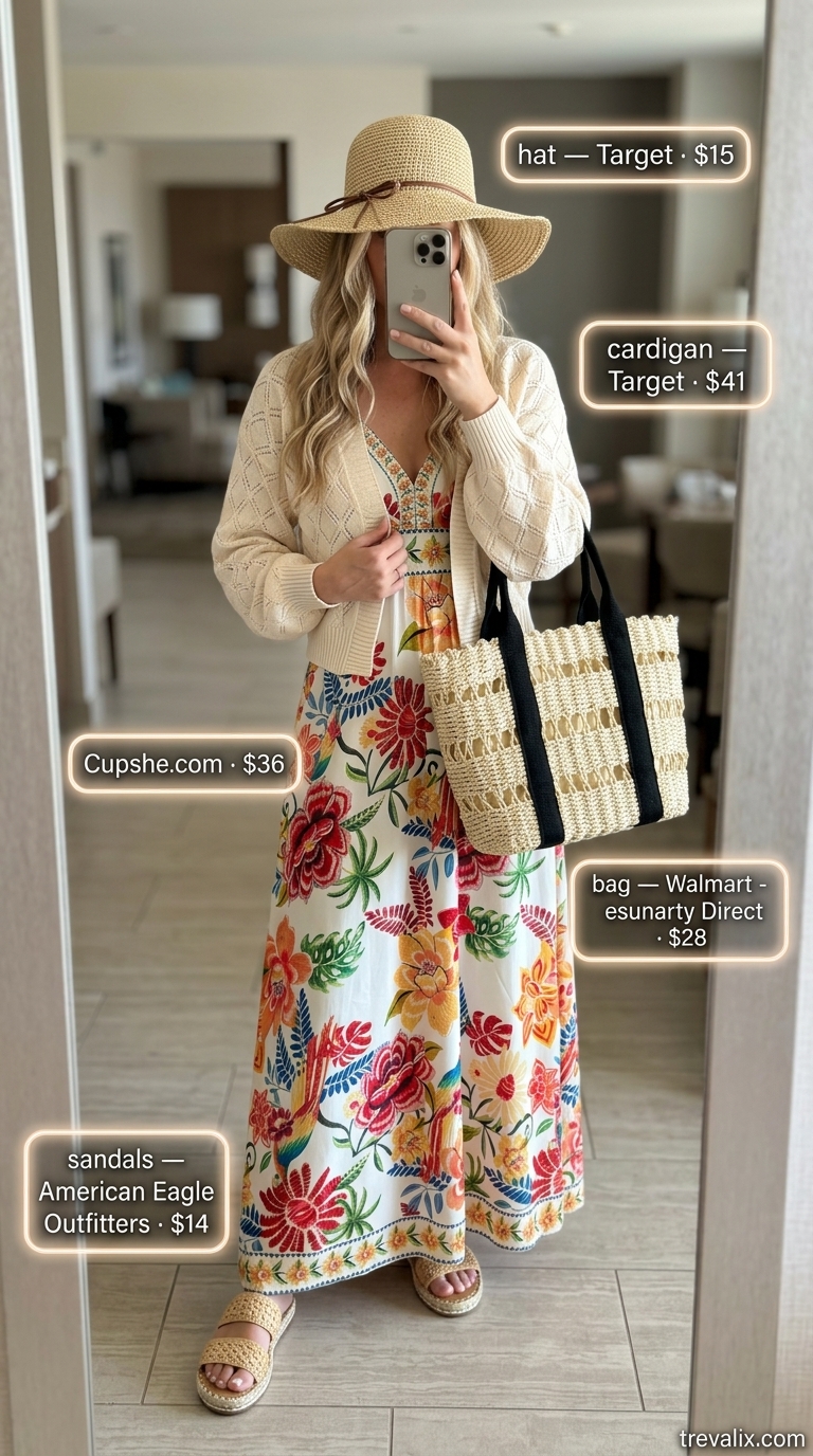 Cute airport outfit summer for women 2026: tropical maxi dress, straw hat, woven tote.