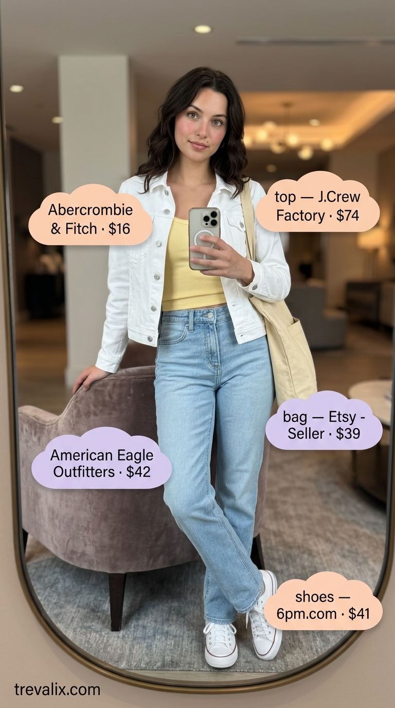 Cute Airport Outfits Summer 2026: Casual Denim Look Cute airport outfit summer for women 2026: yellow knit tank, white denim jacket, light wash jeans, white sneakers.