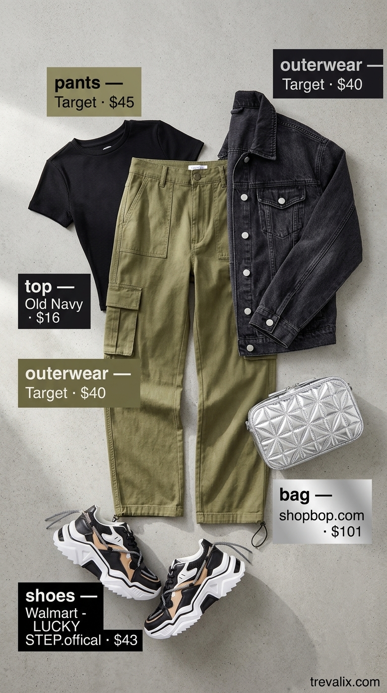 Cute Airport Outfits Summer 2026: Cargo Pants Trend Cute airport outfits summer for women 2026: Cargo pants, black tee, denim jacket. Trendy travel style.