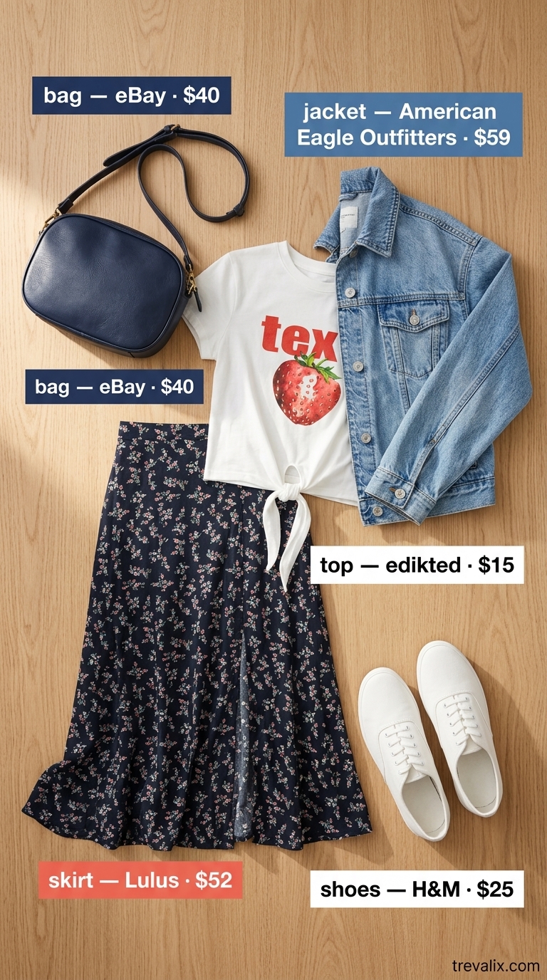 Cute Airport Outfits Summer 2026: Floral Skirt Travel Cute airport outfits summer for women 2026: Navy floral skirt, white tee, denim jacket. Casual vacation style.