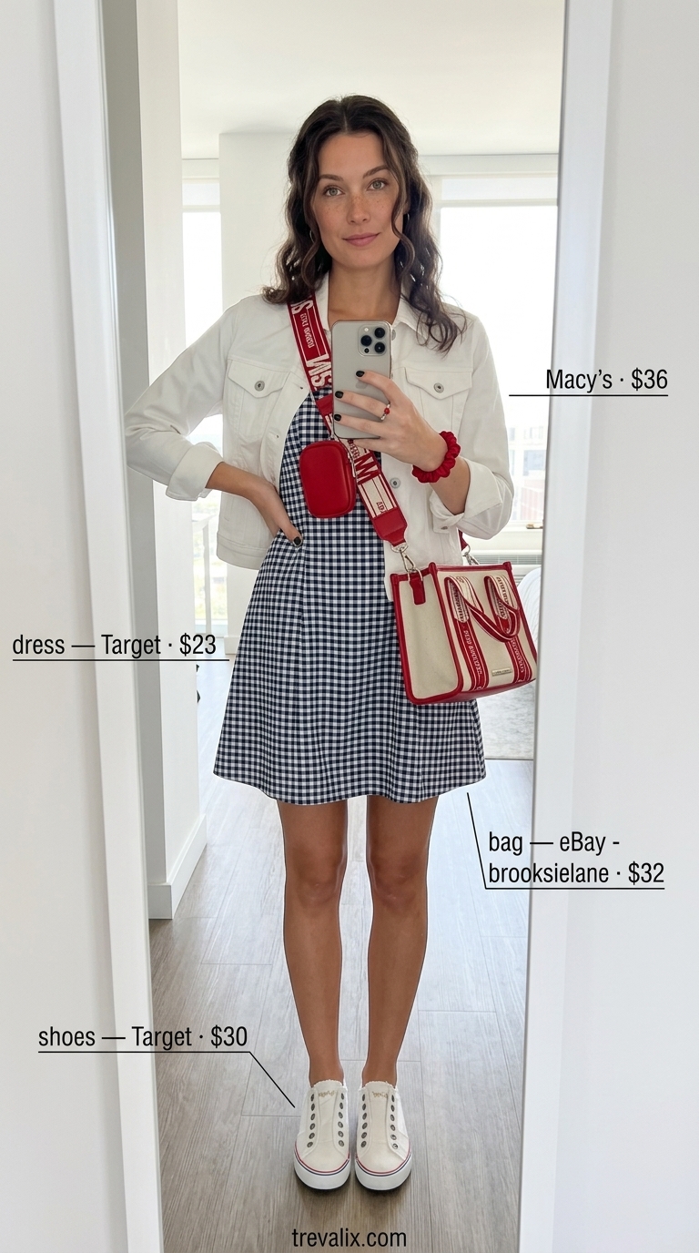 Cute Airport Outfits Summer 2026: Gingham Dress Charm Cute airport outfits summer for women 2026: Navy gingham dress, white jacket, canvas sneakers. Sweet travel style.
