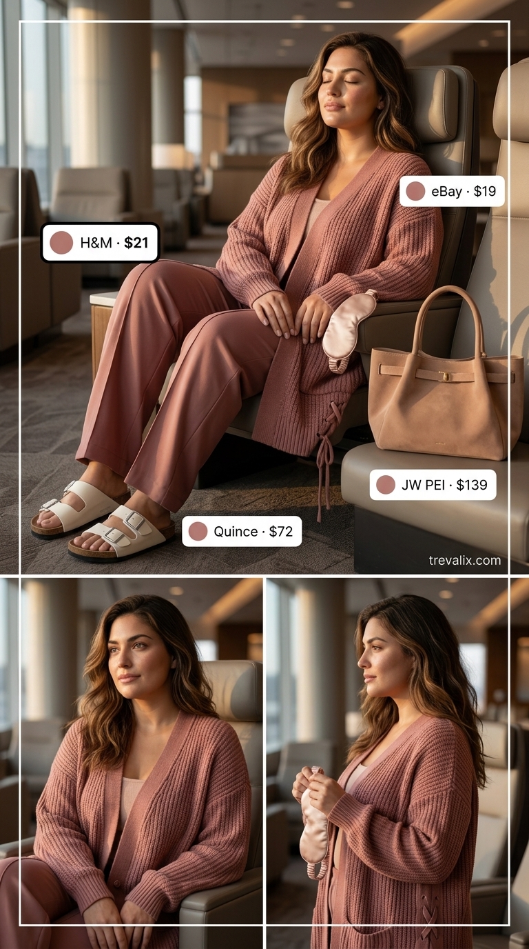 Cute Airport Outfits Summer 2026: Knit Set Luxury Cute airport outfits summer for women 2026: Dusty rose knit set, tote bag. Luxurious travel style.
