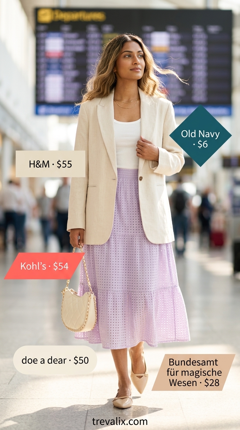 Cute Airport Outfits Summer 2026: Lavender Skirt Chic Cute airport outfits summer for women 2026: Lavender skirt, white tank, linen blazer. Feminine travel style.