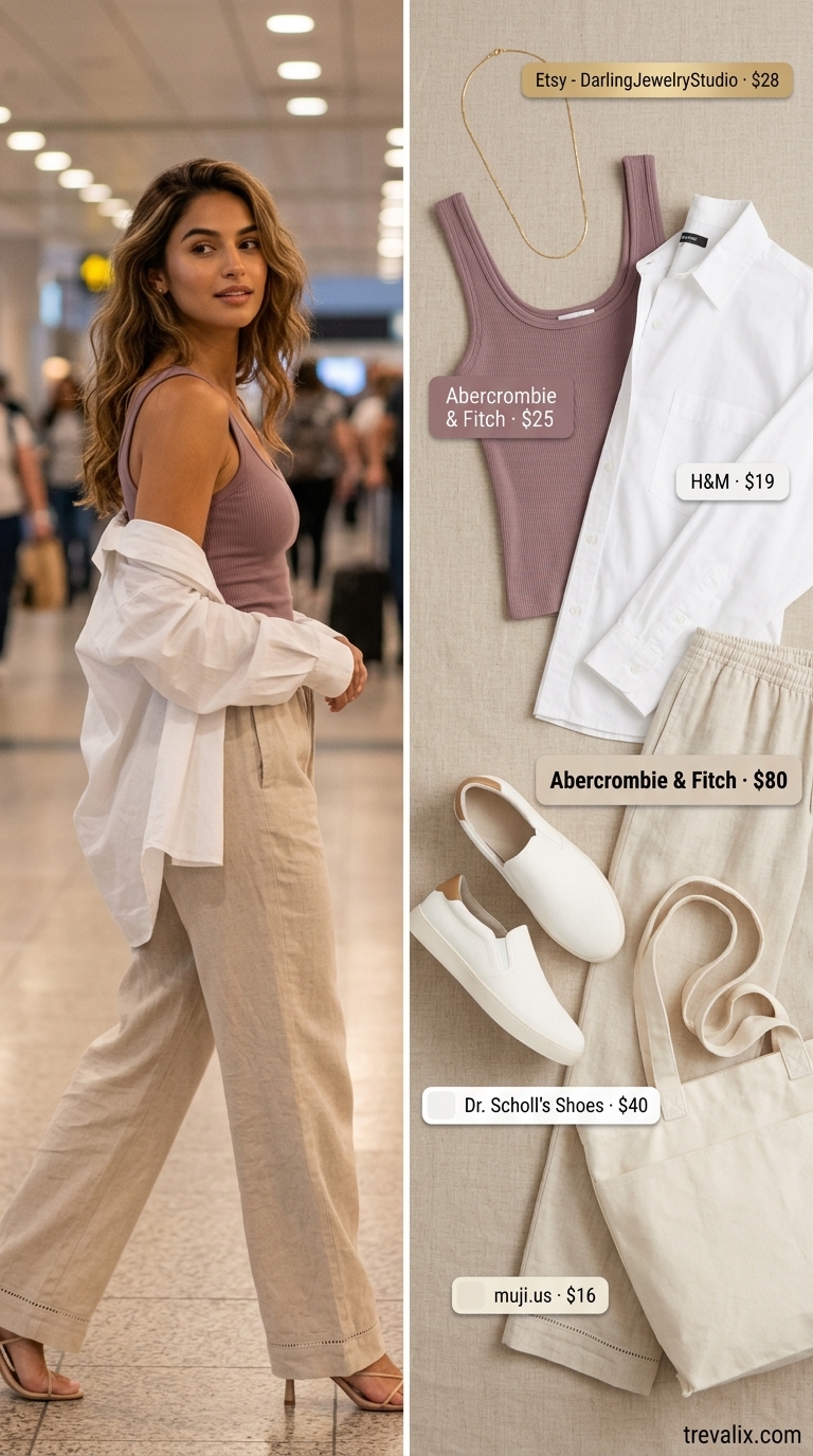 Cute Airport Outfits Summer 2026: Linen Pants Comfort Cute airport outfits summer for women 2026: Linen pants, oversized shirt, knit tank. Relaxed travel style.