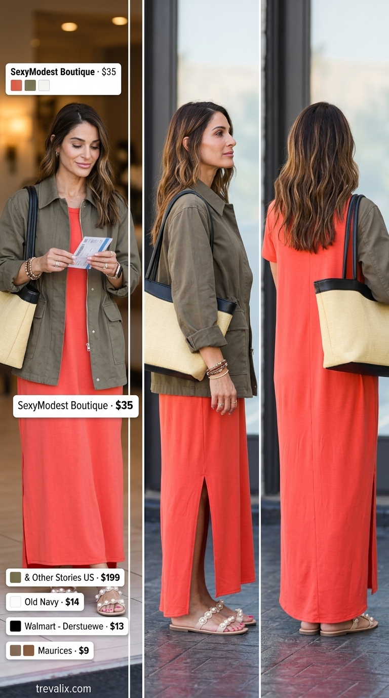 Cute Airport Outfits Summer 2026: T-Shirt Dress Ease Cute airport outfits summer for women 2026: Terracotta t-shirt dress, utility jacket, straw bag. Bohemian travel style.