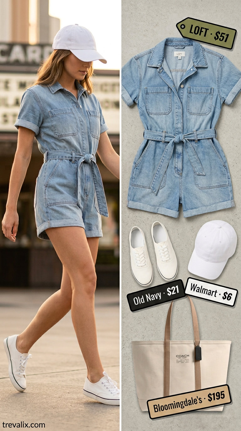 Casual denim romper outfit for women 2026, featuring a light wash denim romper, white cap, and tan tote bag. Perfect for weekend outings.