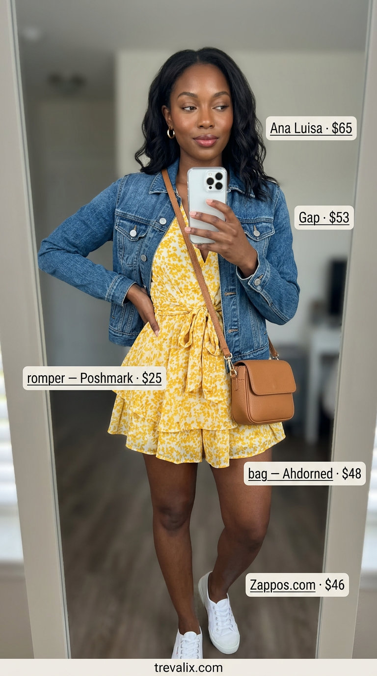 Playful yellow floral romper outfit for women 2026, with a denim jacket and white sneakers. Great for casual daytime.
