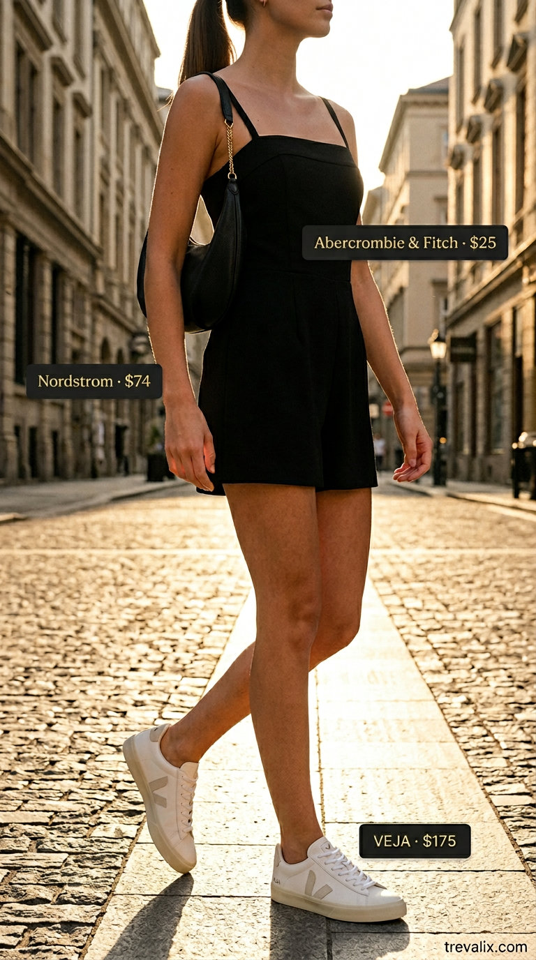 Chic black romper outfit for women 2026, paired with a white top, camel blazer, and leather sneakers. Ideal for city exploration.