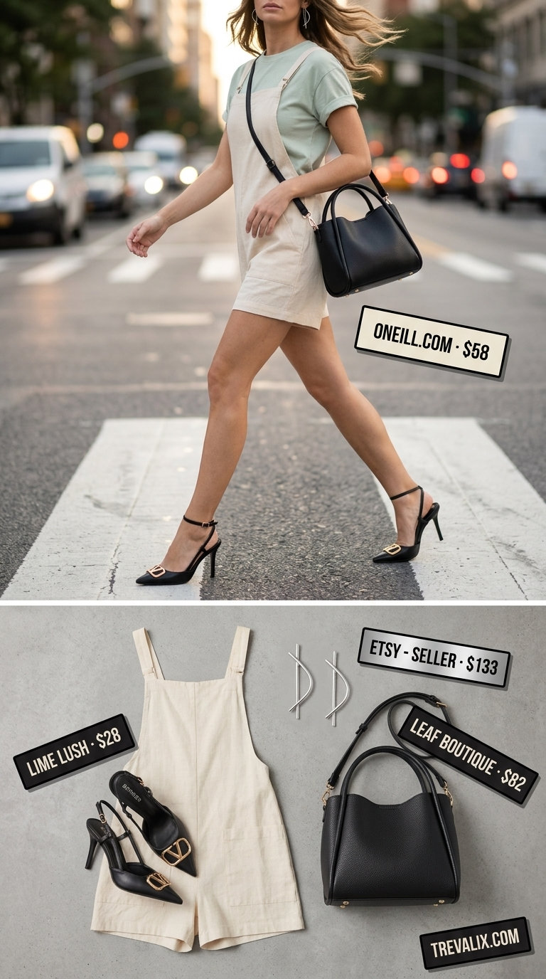 Edgy olive green jumpsuit outfit for women 2026, with pointed heels and statement earrings. Great for city exploration.