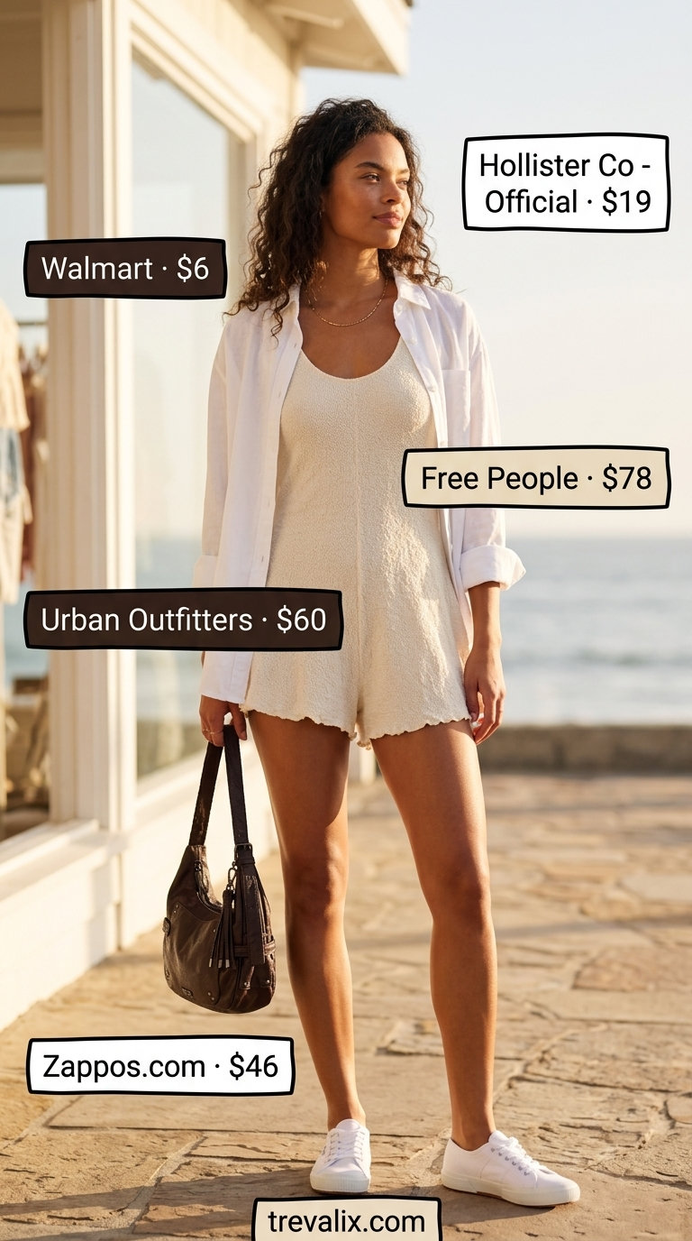 Casual denim shorts outfit: white linen shirt, tan crossbody. Dressy summer romper outfits for women 2026.