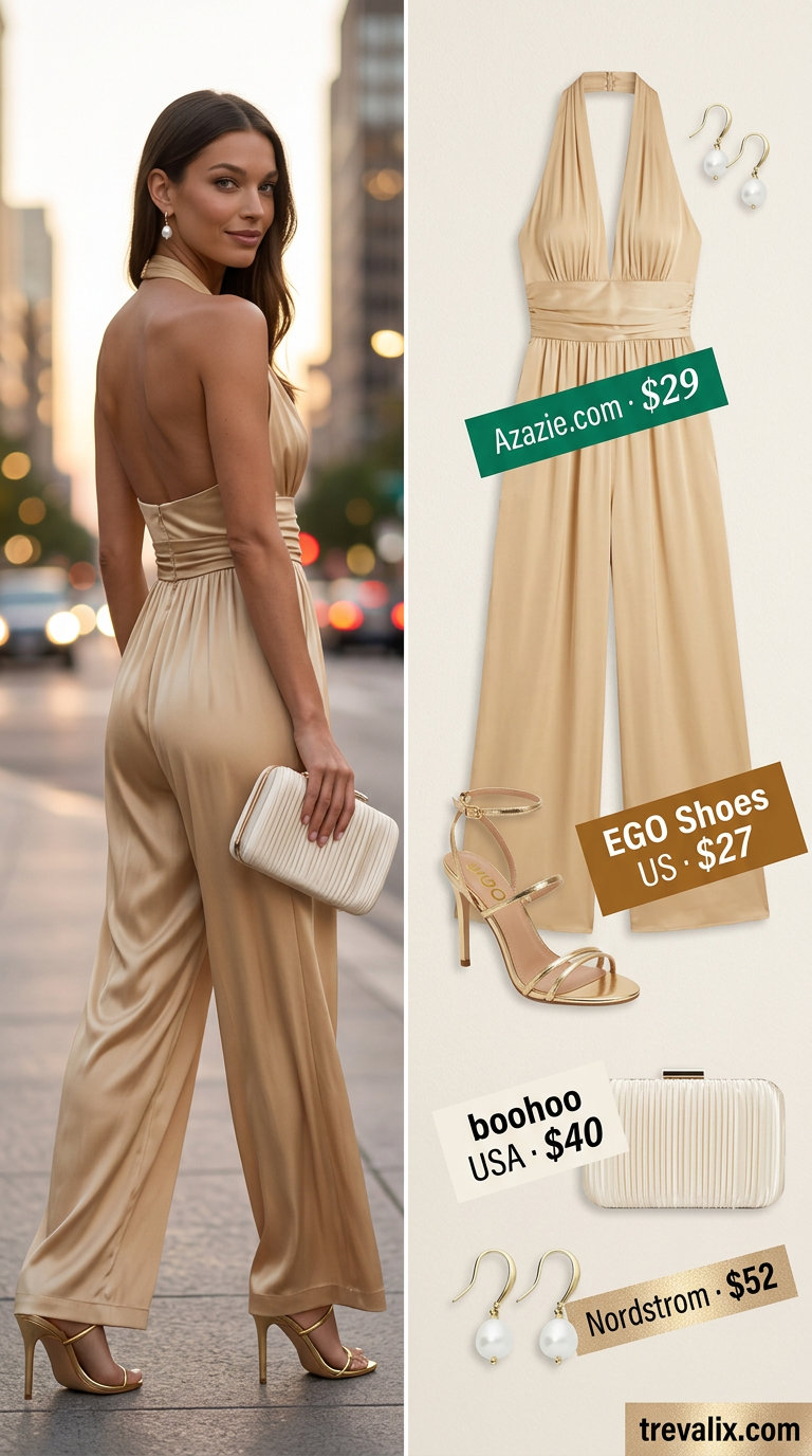 Champagne satin wide-leg romper with gold sandals for dressy summer outfits for women 2026.