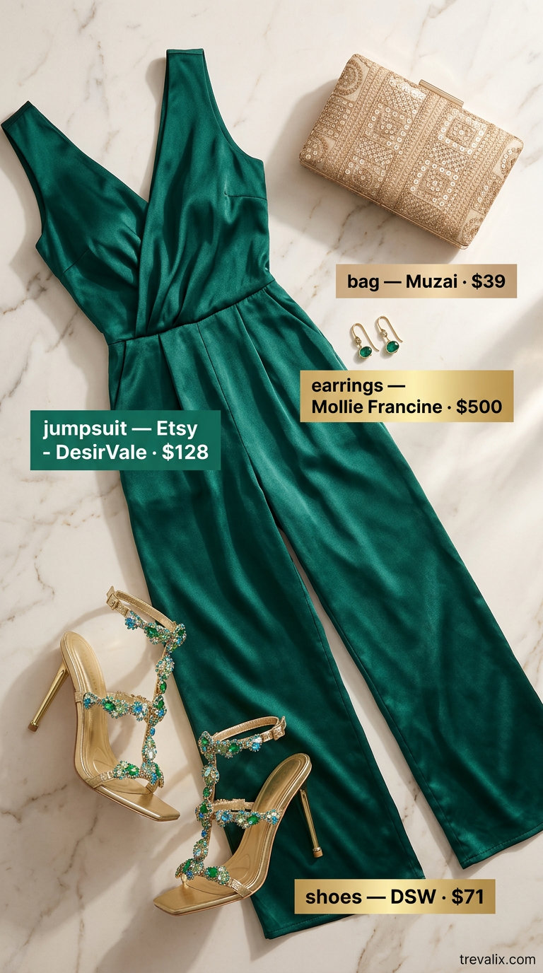 Emerald green satin romper with gold heels for dressy summer outfits for women 2026.