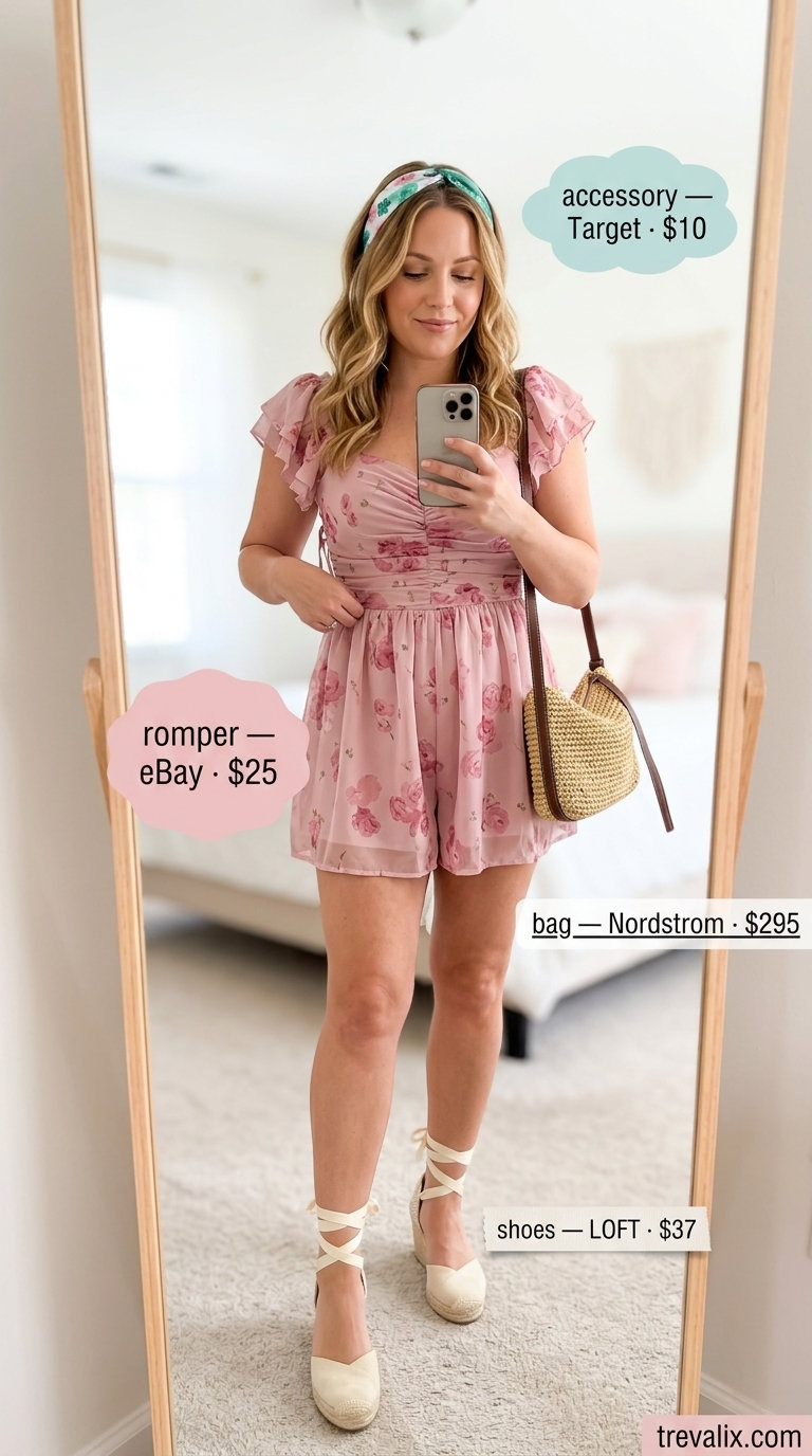 Pastel pink floral romper with espadrilles for dressy summer outfits for women 2026.