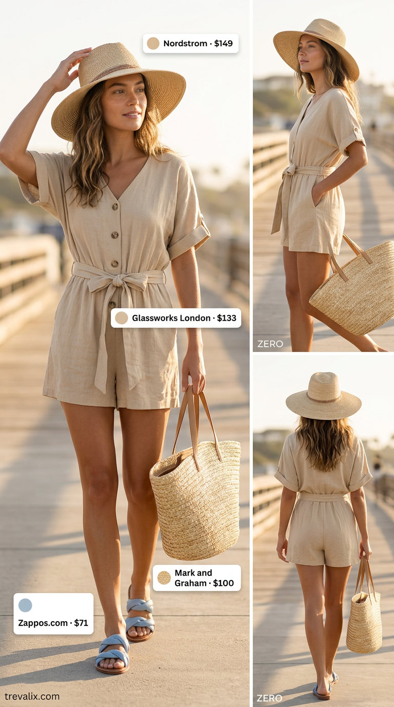 Natural linen short romper with leather slides for dressy summer outfits for women 2026.