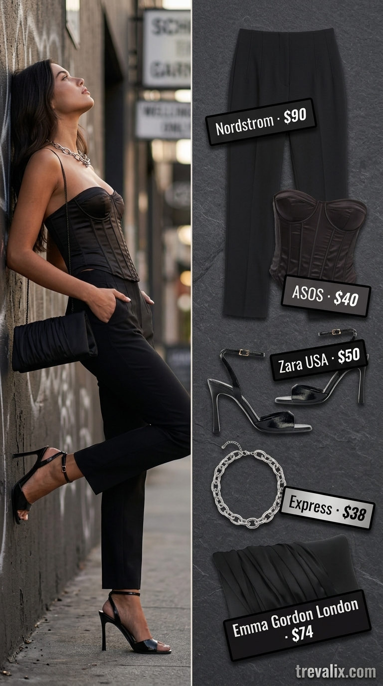 Easy date outfits summer for women 2026: Black corset top, tailored pants, stiletto heels, statement necklace.