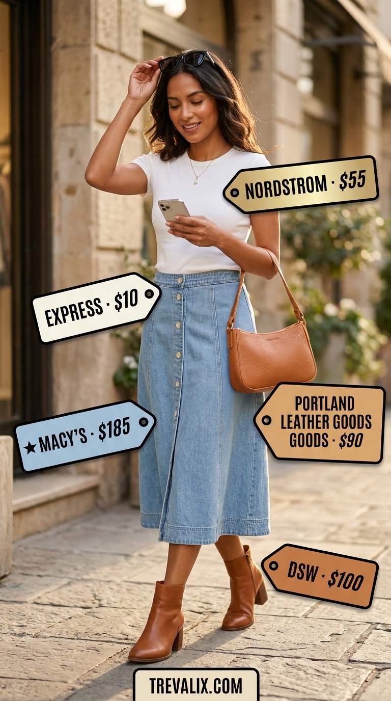 Easy date outfits summer for women 2026: Denim midi skirt, ivory top, ankle boots, leather shoulder bag.