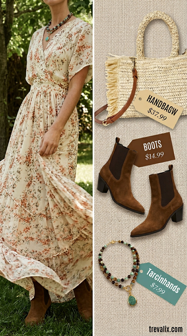 Easy date outfits summer for women 2026: Terracotta floral maxi dress, suede boots, layered necklaces, straw bag.