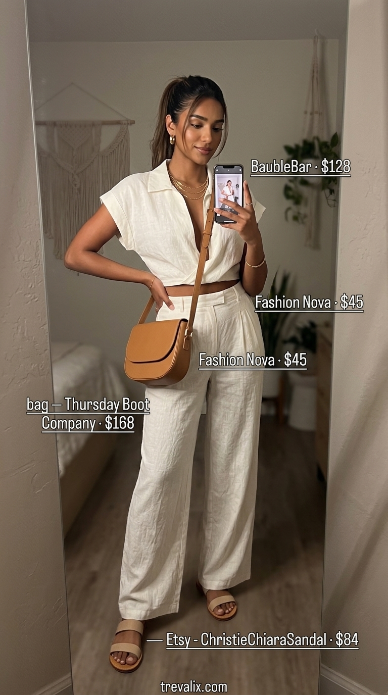 Easy date outfits summer for women 2026: Cream knit set, beige slides, tan crossbody, layered gold necklaces.