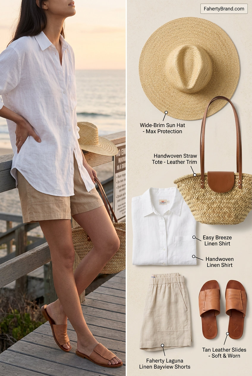 Easy date outfits summer for women 2026: Linen shorts, oversized linen shirt, slide sandals, straw hat & tote.