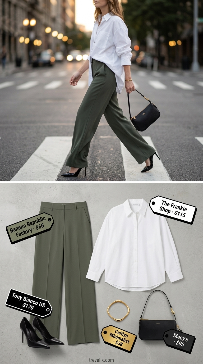 Easy date outfits summer for women 2026: Olive wide-leg trousers, crisp white shirt, stiletto heels, gold cuff.