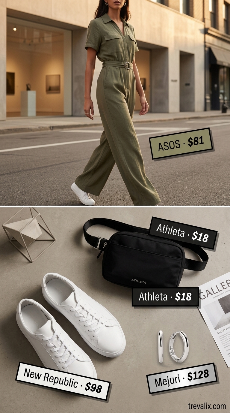 Easy date outfits summer for women 2026: Khaki utility jumpsuit, white sneakers, belt bag, silver hoops.