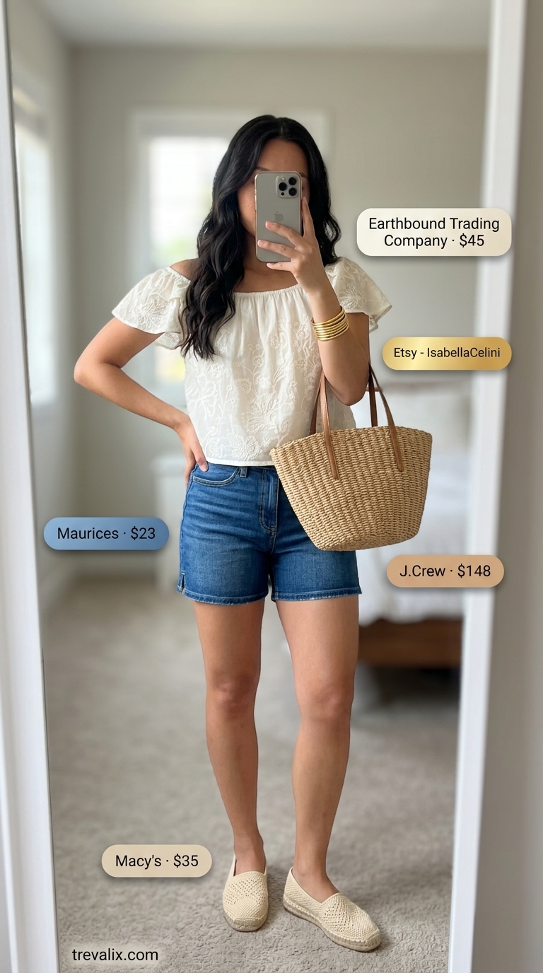 Easy date outfits summer for women 2026: Denim shorts, peasant blouse, espadrilles & straw tote for a boho date.