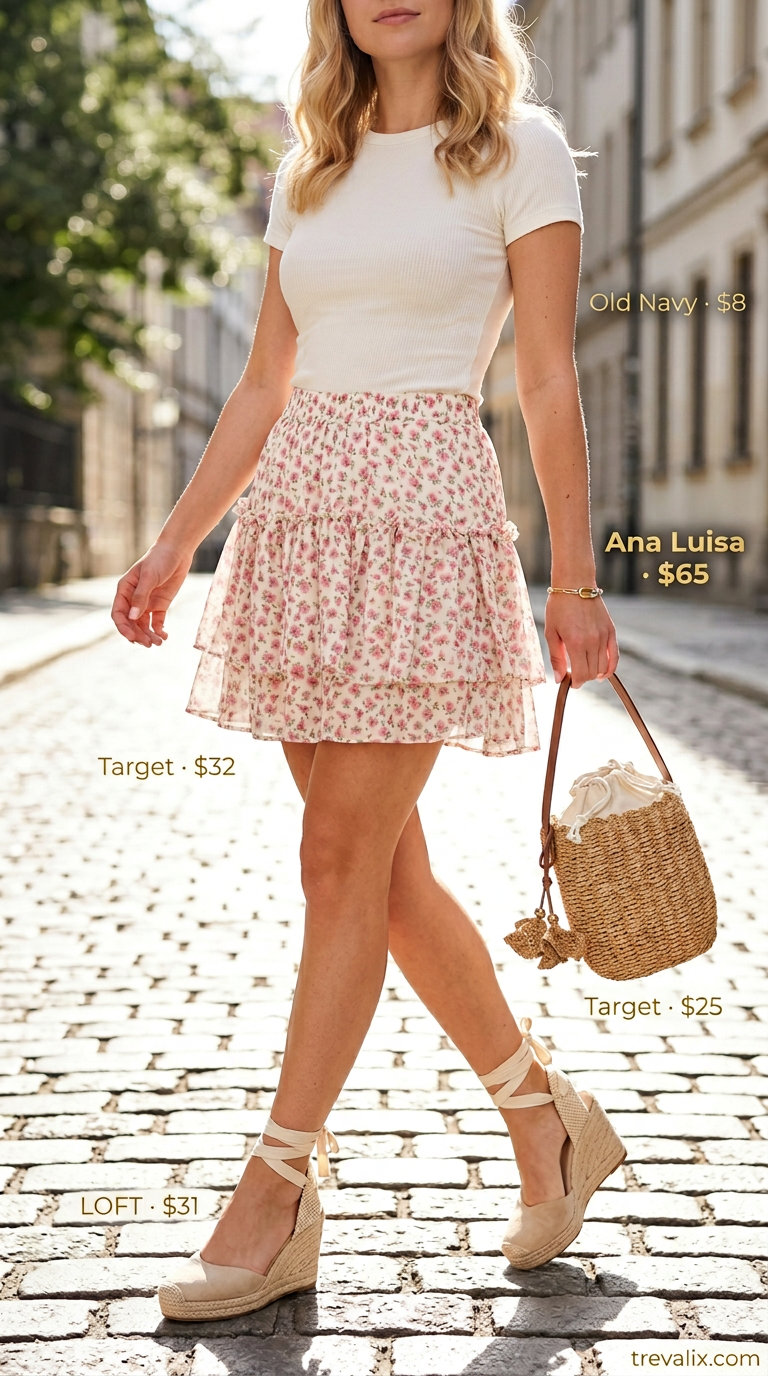 Easy date outfits summer for women 2026: Pink floral mini skirt, white tee, espadrilles & bucket bag for a playful date.