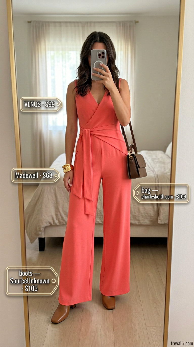 Easy date outfits summer for women 2026: Coral jumpsuit, tan mules & gold accessories for a chic evening date.