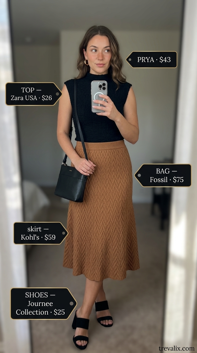 Easy date outfits summer for women 2026: Caramel knit skirt, black mock neck top, mules & crossbody for a sophisticated date.