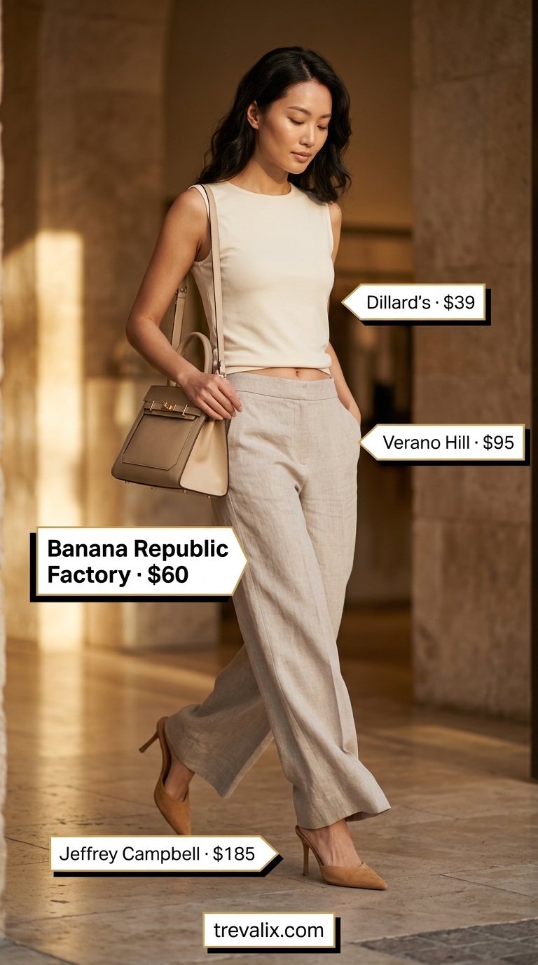 Easy date outfits summer for women 2026: Cream linen pants, beige knit top, heeled mules & shoulder bag for elegant dates.
