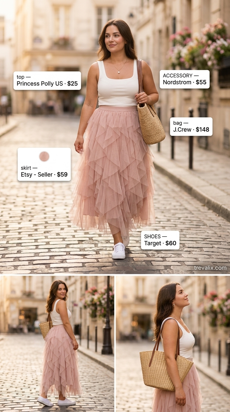 Easy date outfits summer for women 2026: Blush pink midi skirt, white tank, sneakers & straw tote for brunch dates.
