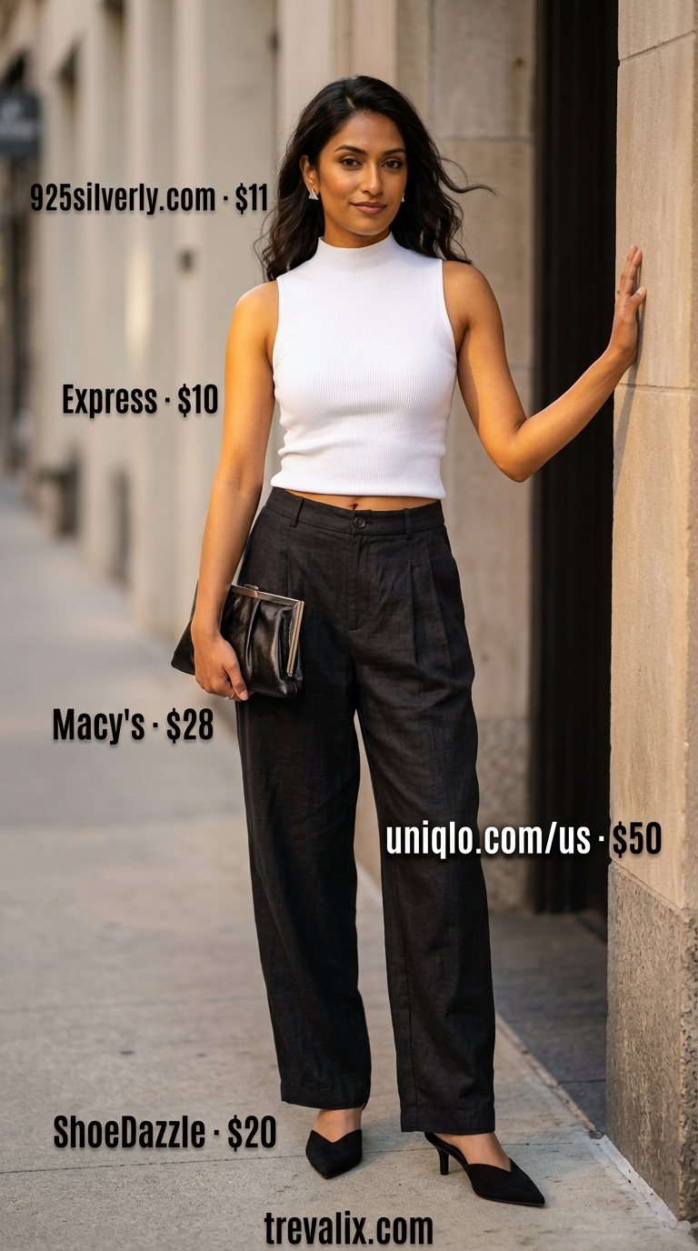 Easy date outfits summer for women 2026: Black linen pants, white turtleneck, silver mules & clutch for a chic dinner.
