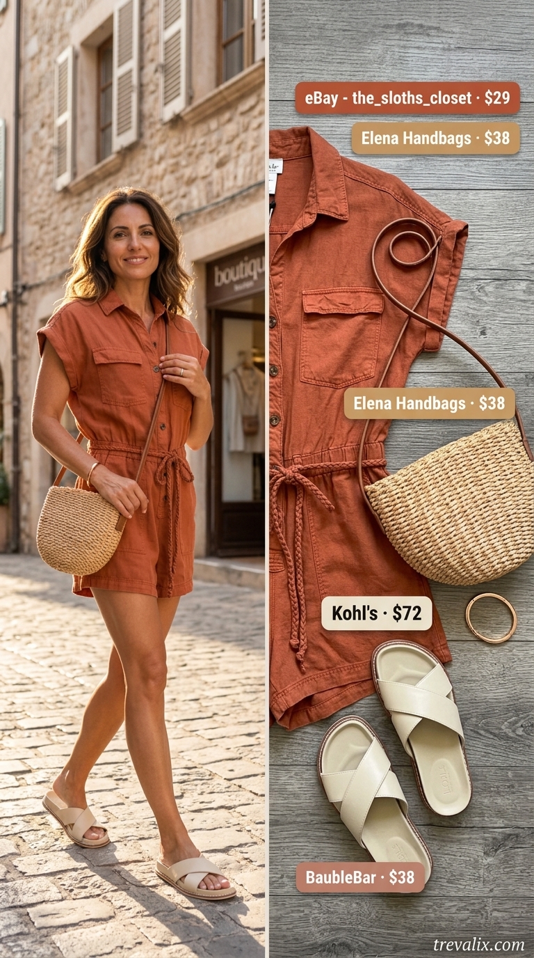 Easy date outfits summer for women 2026: Terracotta romper, leather slides & straw crossbody for a casual daytime date.