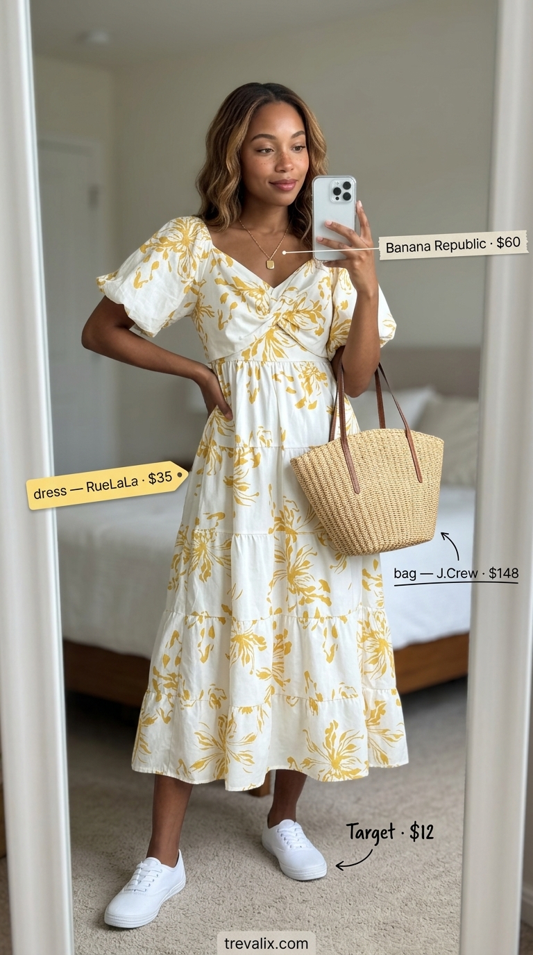 White yellow floral midi sundress with sneakers and straw tote for easy date outfits summer for women 2026.