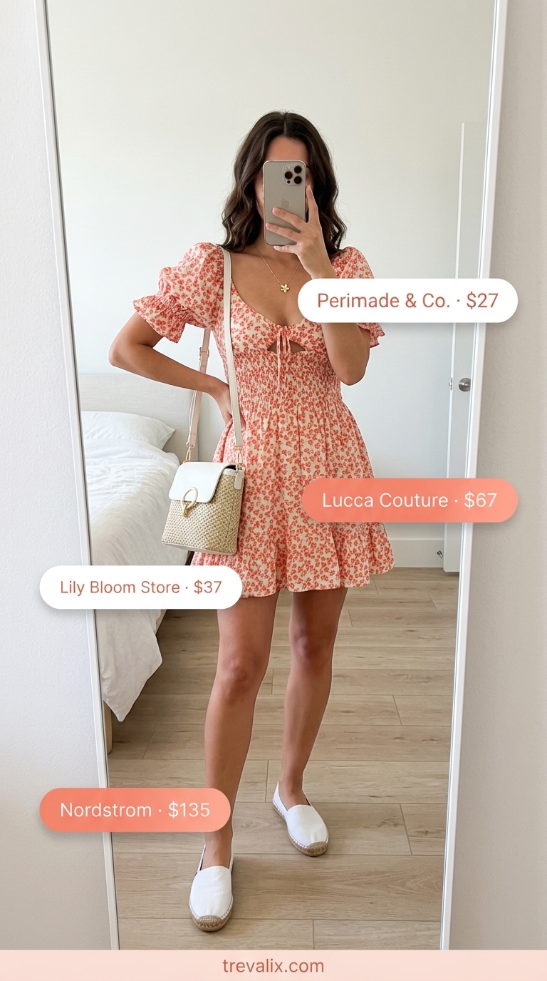 Coral pink floral mini sundress with puff sleeves and straw bag for easy date outfits summer for women 2026.