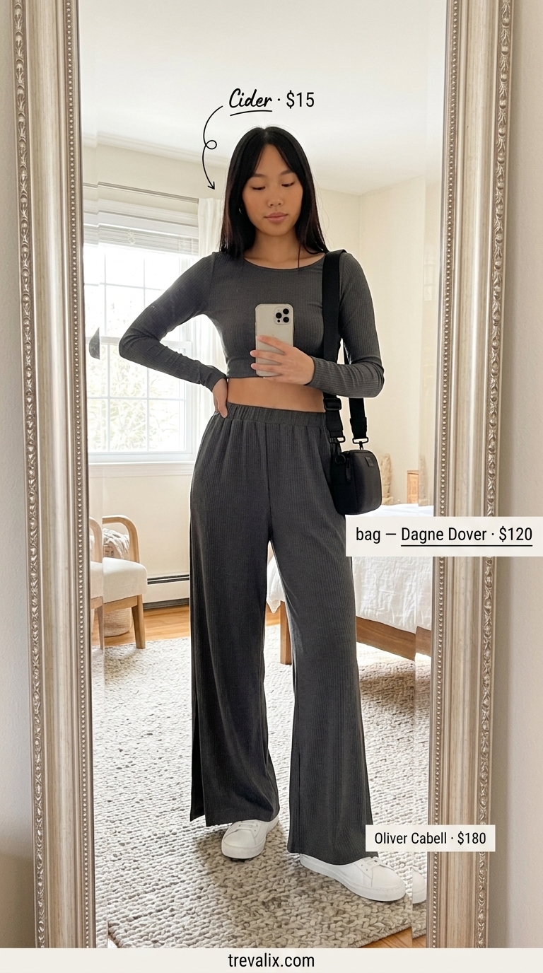 Charcoal grey knit set with white sneakers and crossbody bag for easy date outfits summer for women 2026.