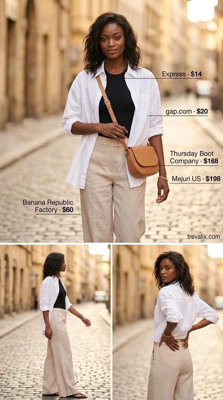 Cream wide-leg linen trousers with black bodysuit and white shirt for easy date outfits summer for women 2026.