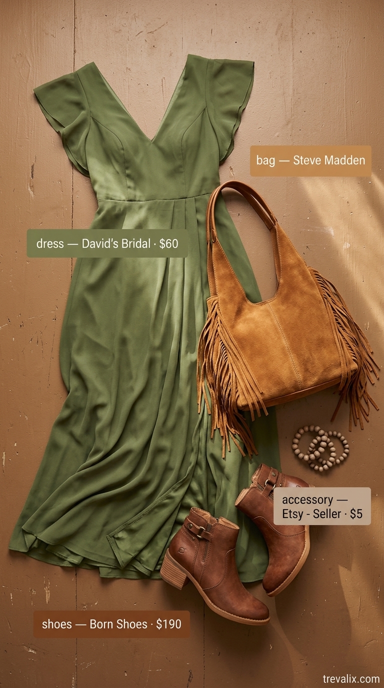 Olive green maxi dress with brown suede bag and leather boots for easy date outfits summer for women 2026.