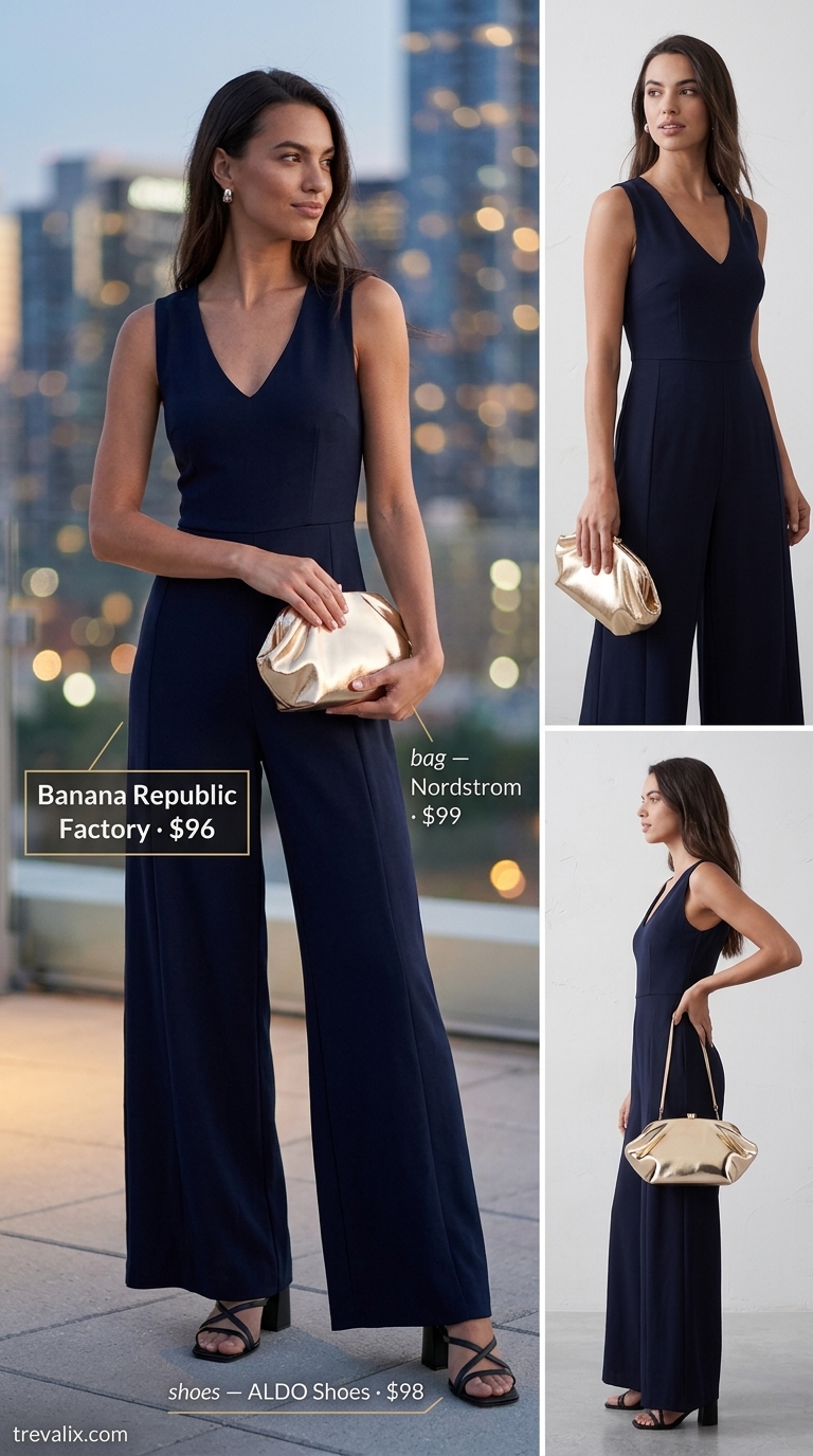 Navy blue wide-leg jumpsuit with gold statement earrings and black sandals for easy date outfits summer for women 2026.