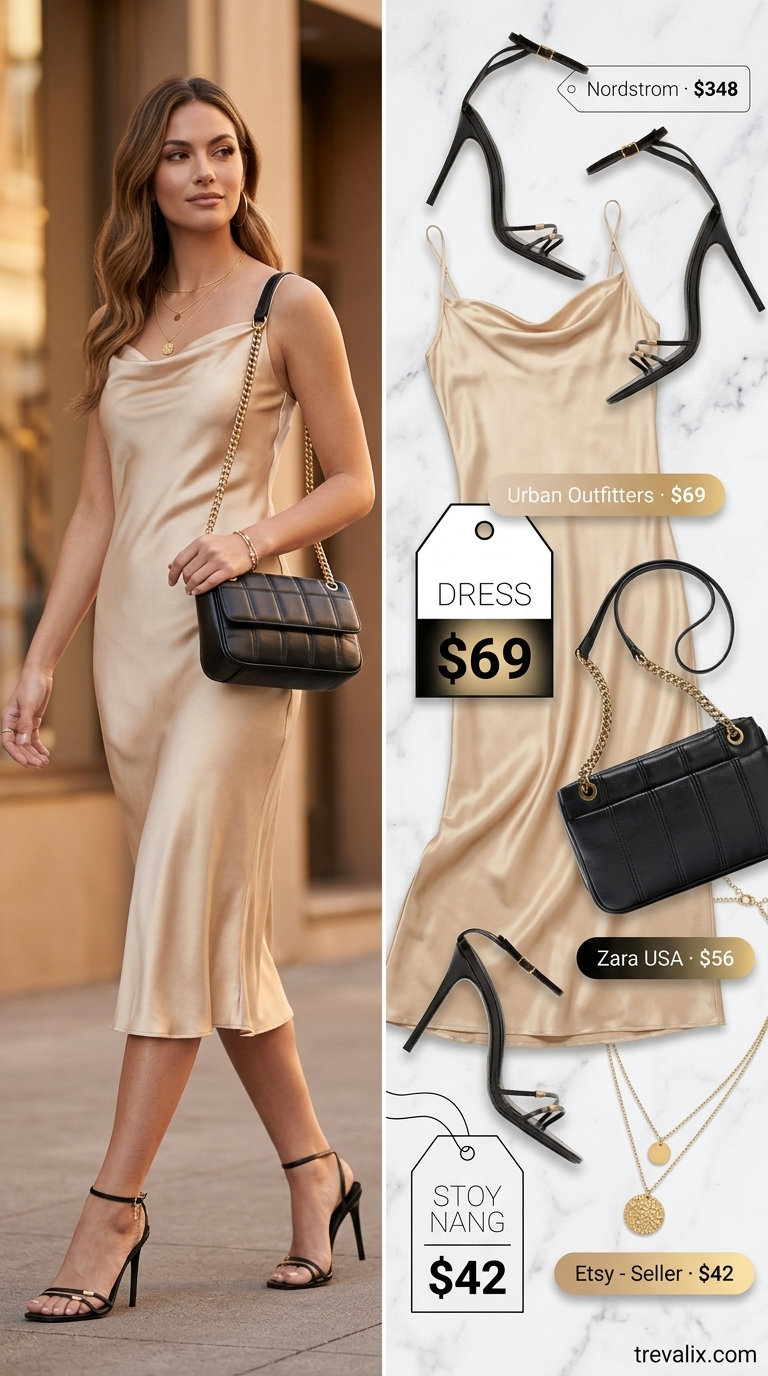 Champagne satin slip dress with layered gold necklaces and black sandals for easy date outfits summer for women 2026.